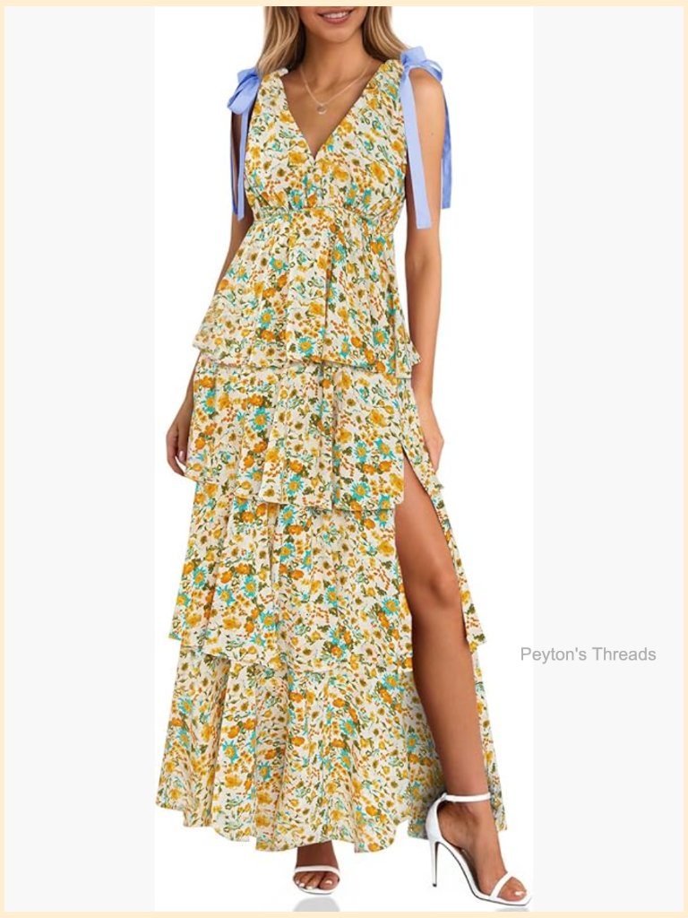 Womens Summer Floral Maxi Dress Tie Strap Sleeveless V Neck High Slit Boho